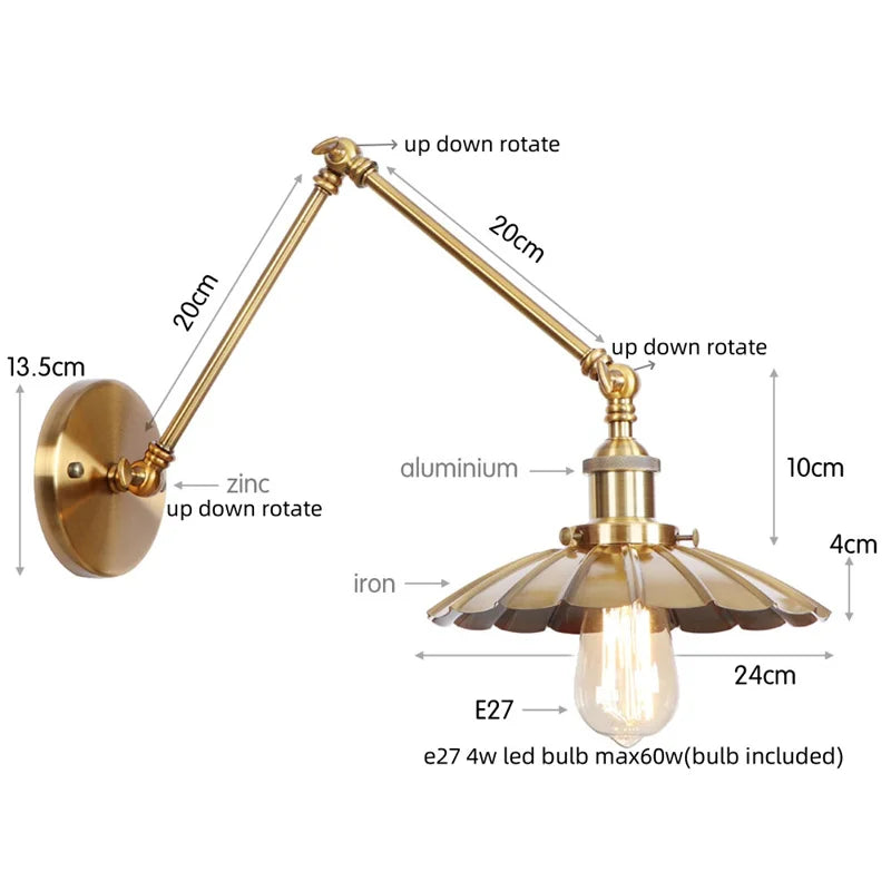 Helnys Gold Industrial LED Wall Lamp with Pull Chain Switch