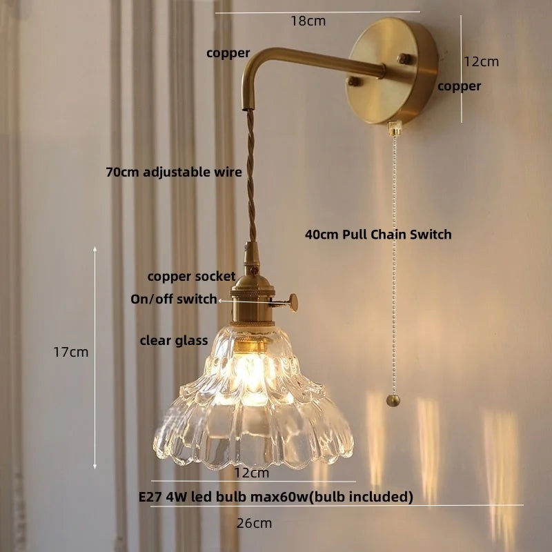 Helnys Nordic Modern Pull Chain Copper Flower Glass LED Wall Lights - Bedroom Balcony Wandlamp