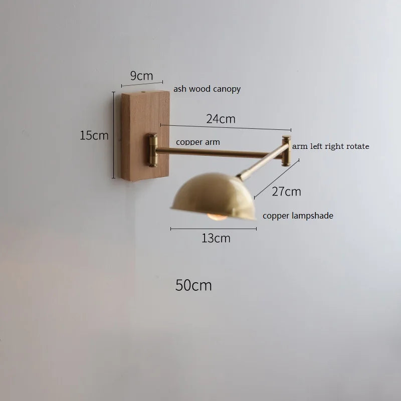 Helnys Ash Wood Canopy LED Wall Sconce Pull Chain Switch Rotate Bedroom Lamp