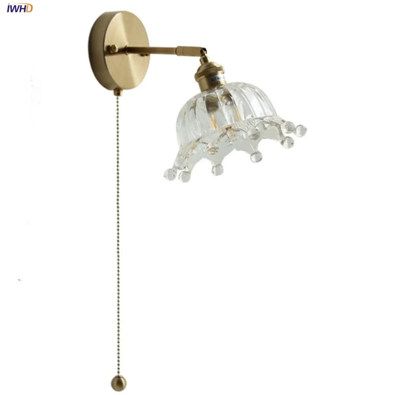Helnys Nordic LED Glass Wall Lights with Brass Pull Chain Switch