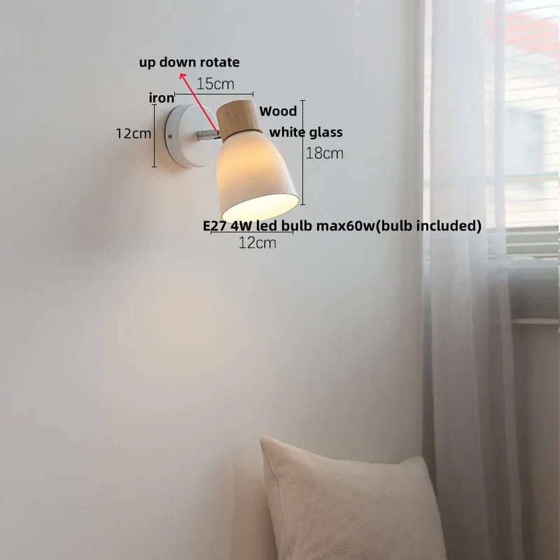Helnys Iron Wood LED Wall Light Pull Chain Switch White Glass Rotate Bedside Lamp