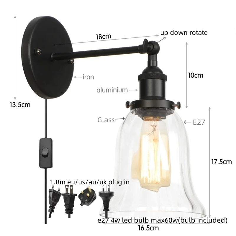 Helnys Vintage LED Glass Wall Sconce with Pull Chain Switch