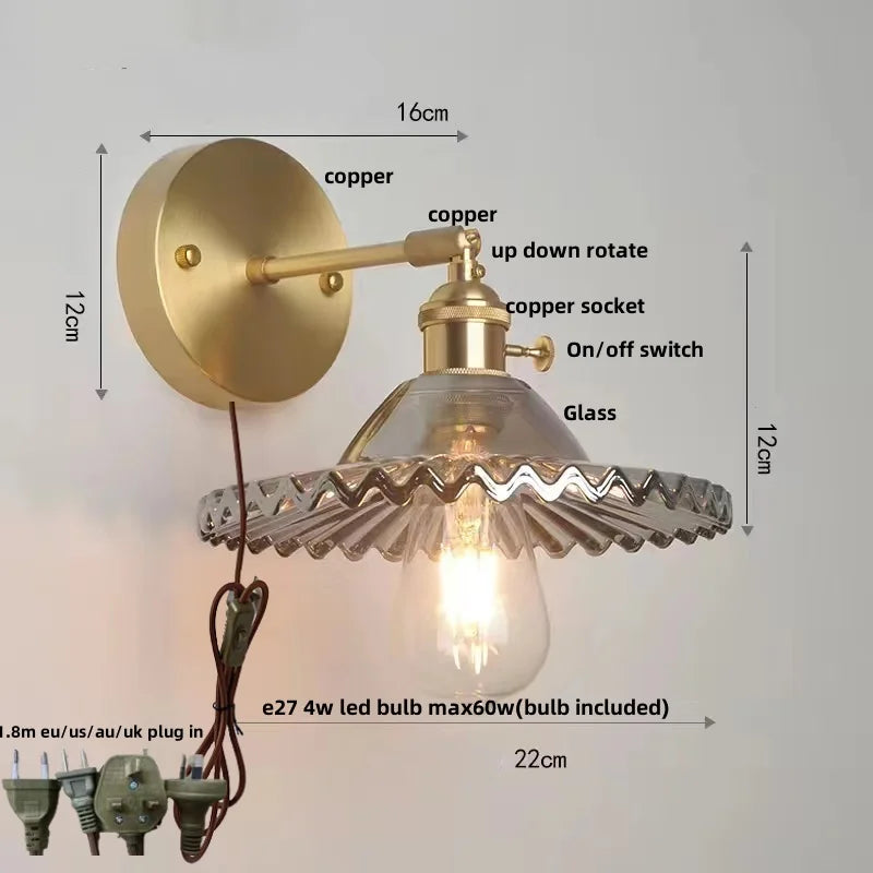 Helnys Green Glass LED Wall Lights with Pull Chain Switch for Home Decor