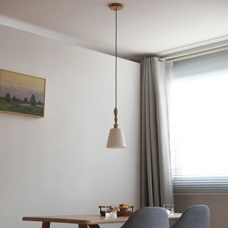 Helnys Wood Handle Copper LED Pendant Lights Fixture Modern Hanging Lamp