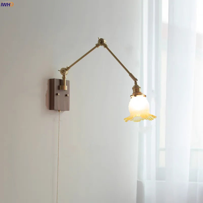 Helnys Yellow Glass LED Wall Lights Walnut Wood Bedside Lamp