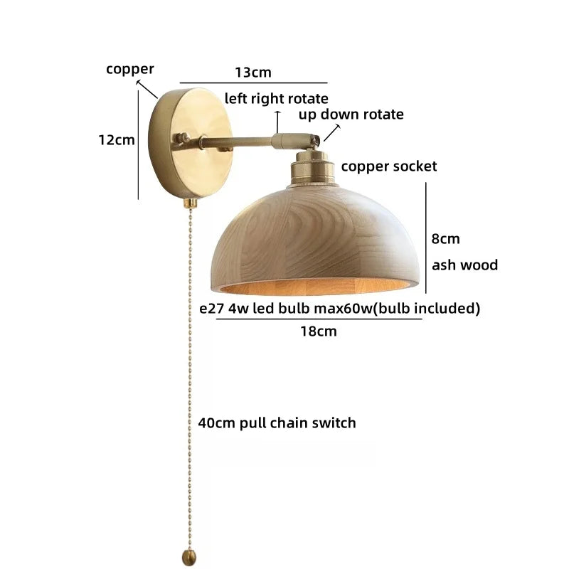 Helnys Modern Ash Wood LED Wall Lamp with Pull Chain Switch