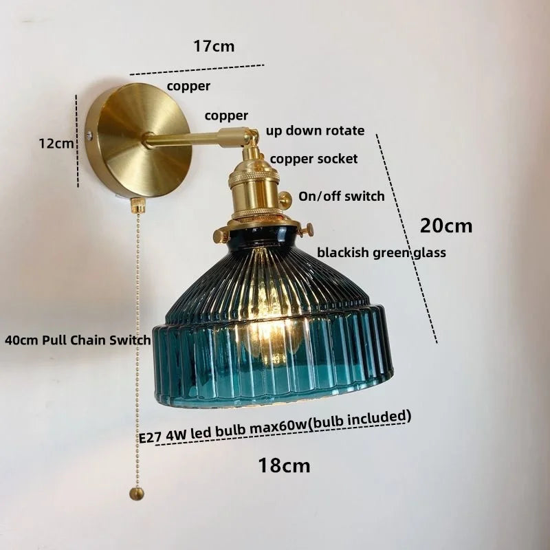 Helnys Copper Socket LED Wall Lamp Clear Glass Pull Chain Switch