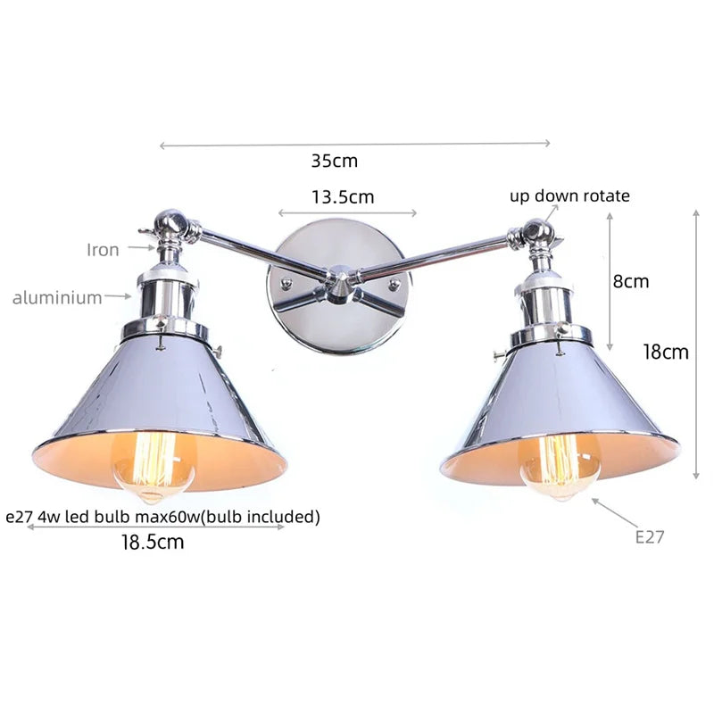 Helnys Loft Iron LED Wall Lamp 2 Heads Vintage Industrial Style Up Down Light