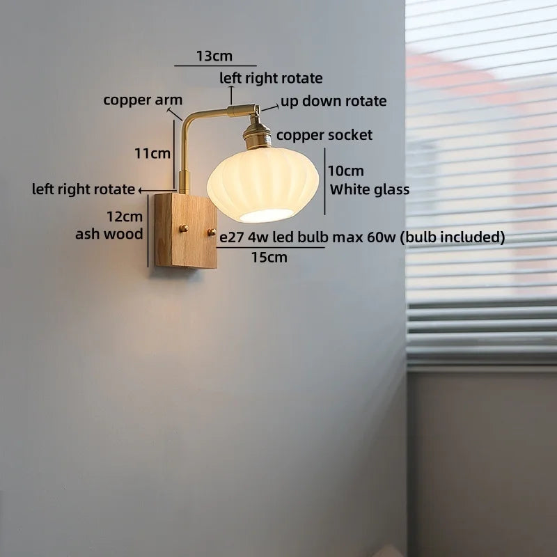 Helnys Nordic Decor LED Wall Sconce Gold Brass White Glass Pull Chain Bedroom Bedside Lamp