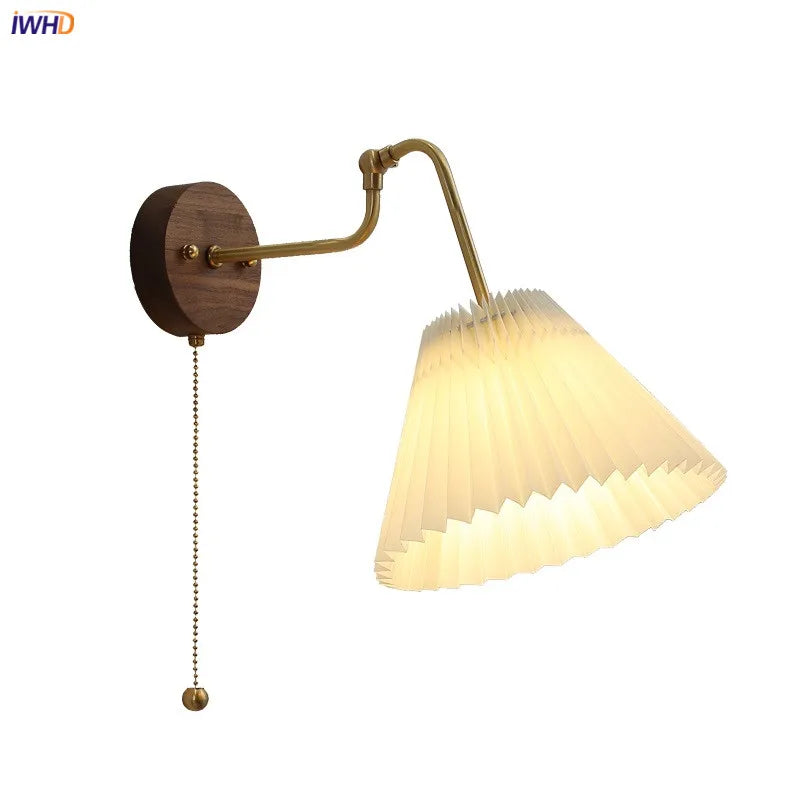 Helnys Fabric Lampshade LED Wall Sconce, Walnut Base, Adjustable Arm