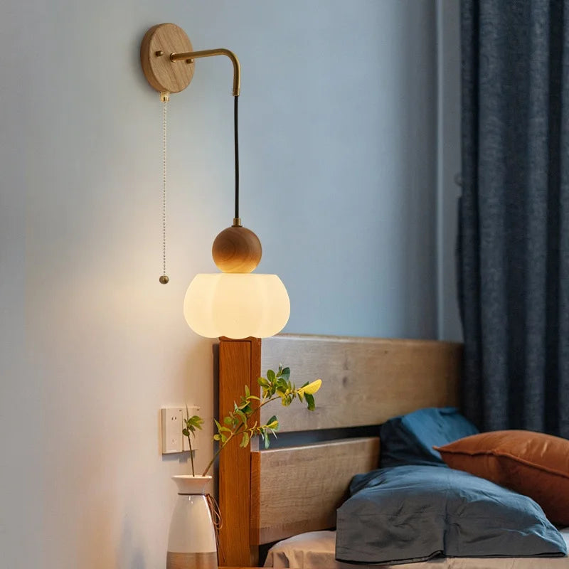 Helnys Wood Adjustable LED Wall Lamp Sconce Pull Chain Switch, Art Ambient Light