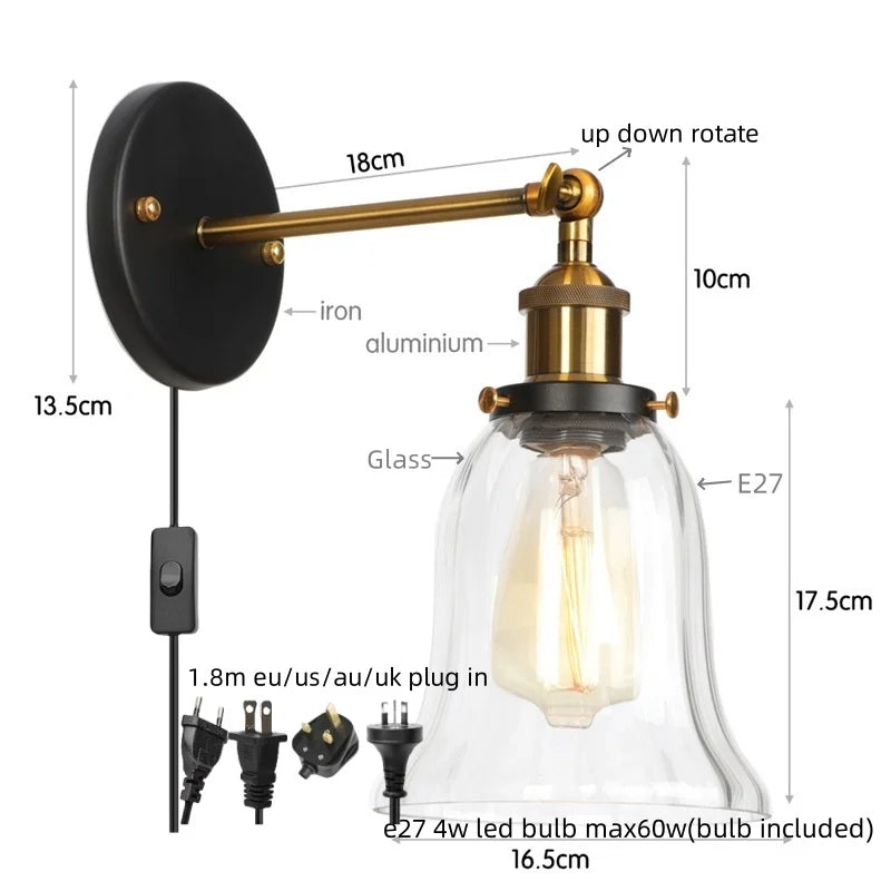 Helnys Vintage LED Glass Wall Sconce with Pull Chain Switch