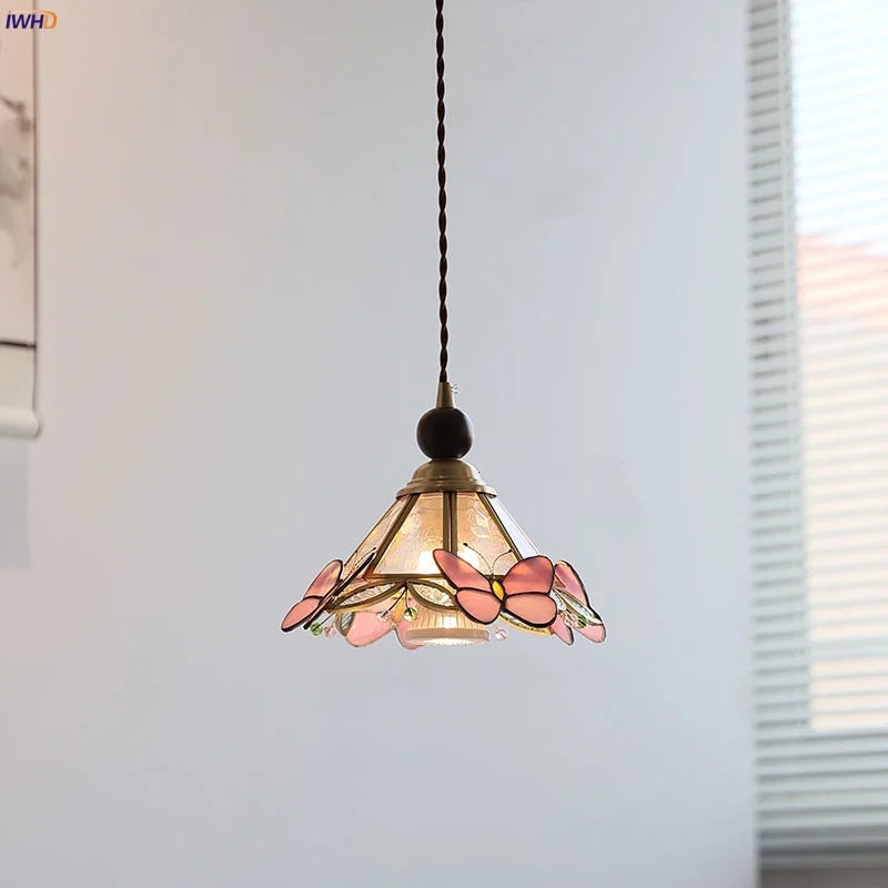 Helnys Butterfly Pink LED Pendant Lamp, Nordic Modern Walnut Wood Glass Hanging Light