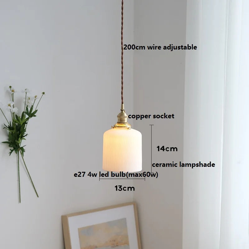Helnys Ceramic LED Pendant Light with Wood Handle and Copper Socket
