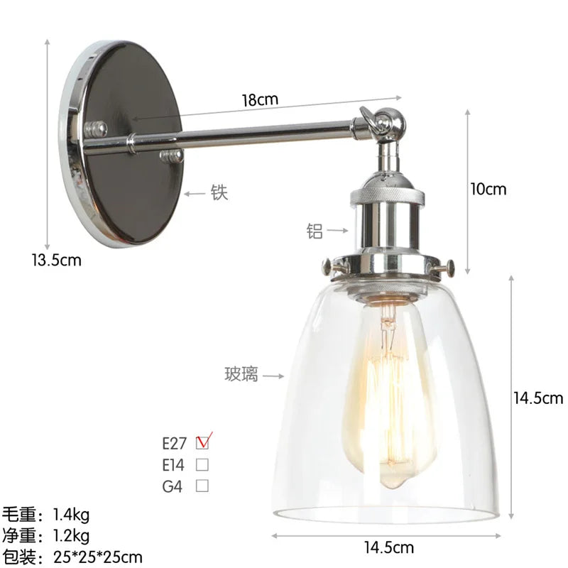 Helnys Gold LED Wall Light with Pull Chain Switch - Industrial Vintage Style