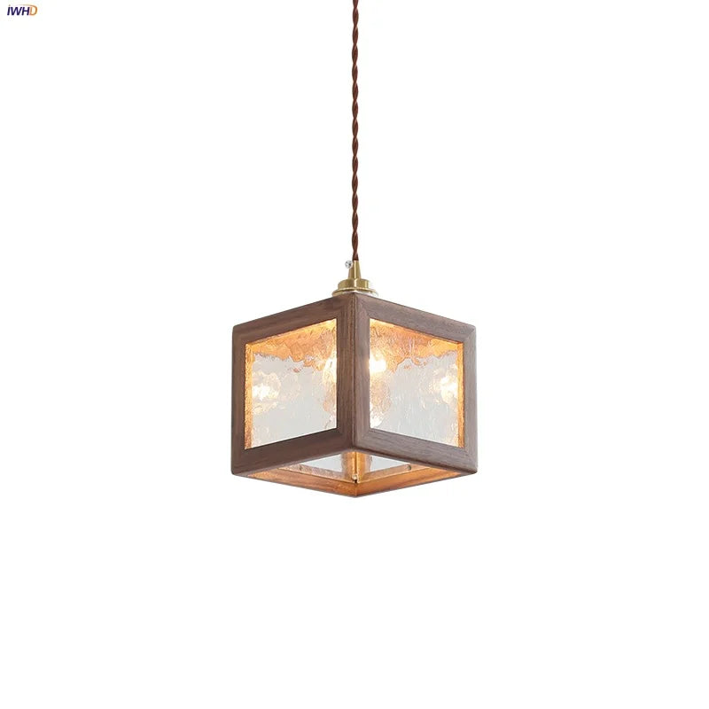 Helnys Glass & Walnut Wood Adjustable LED Pendant Lamp - Nordic Modern Hanging Light