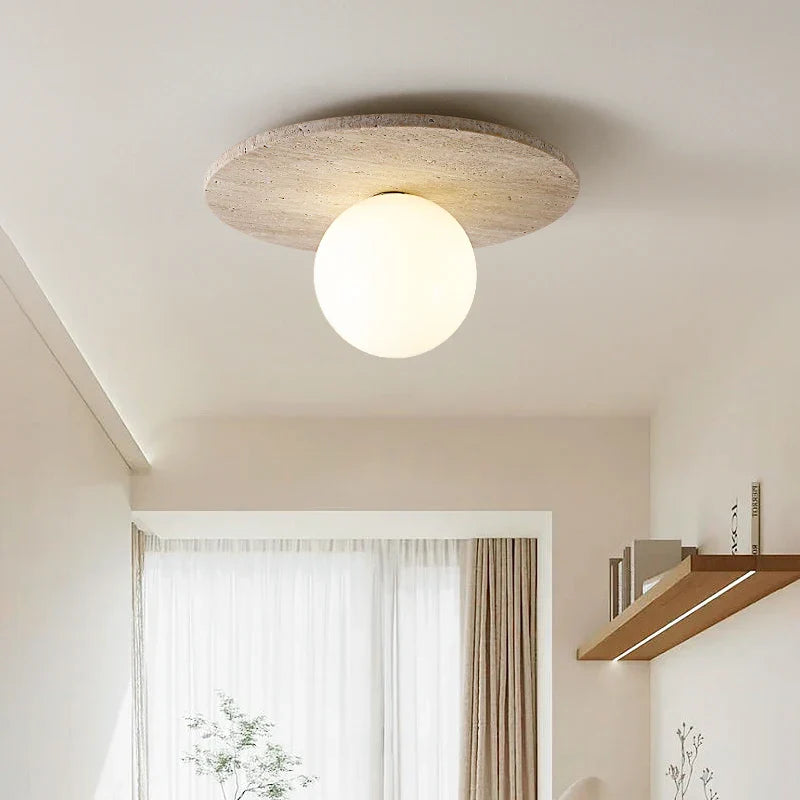 Helnys Nordic LED Ceiling Lamp White Glass Ball Yellow Travertine Ceiling Light
