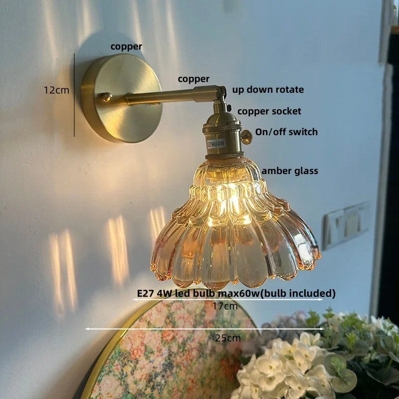 Helnys Rotatable Flower Glass Wall Lamp Copper Stair Light Fixtures