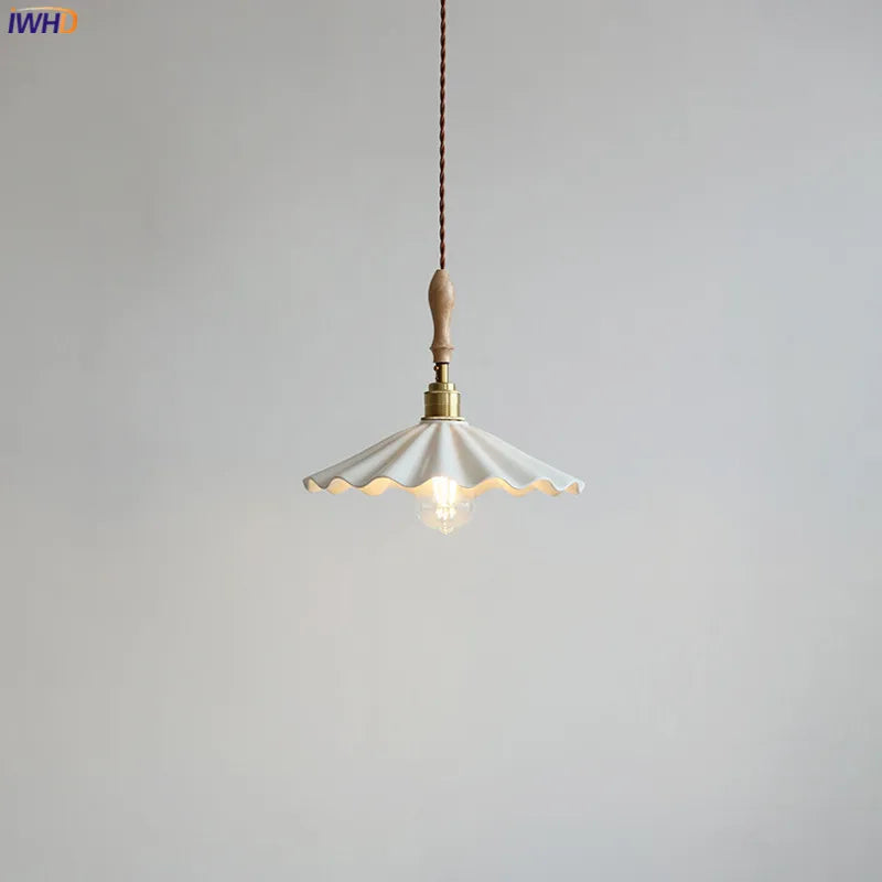 Helnys Ceramic LED Pendant Lights, Wood Copper Socket Hanging Lamp for Home Decor