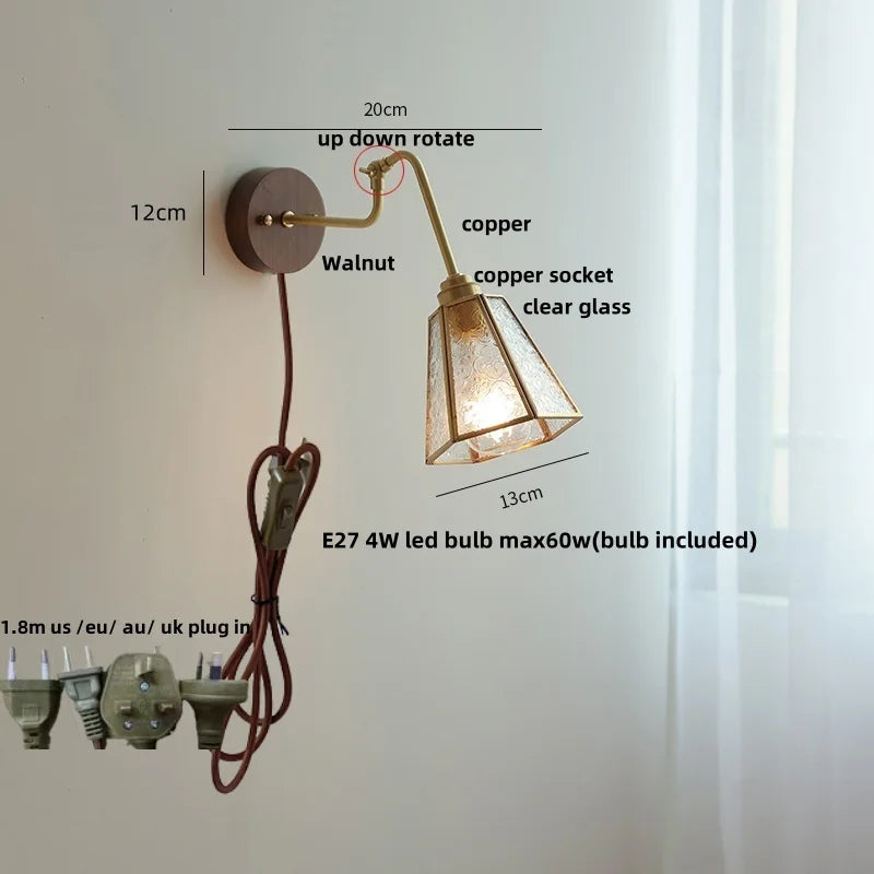 Helnys Clear Glass LED Wall Sconce with Pull Chain Switch & Rotating Walnut Wood Arm