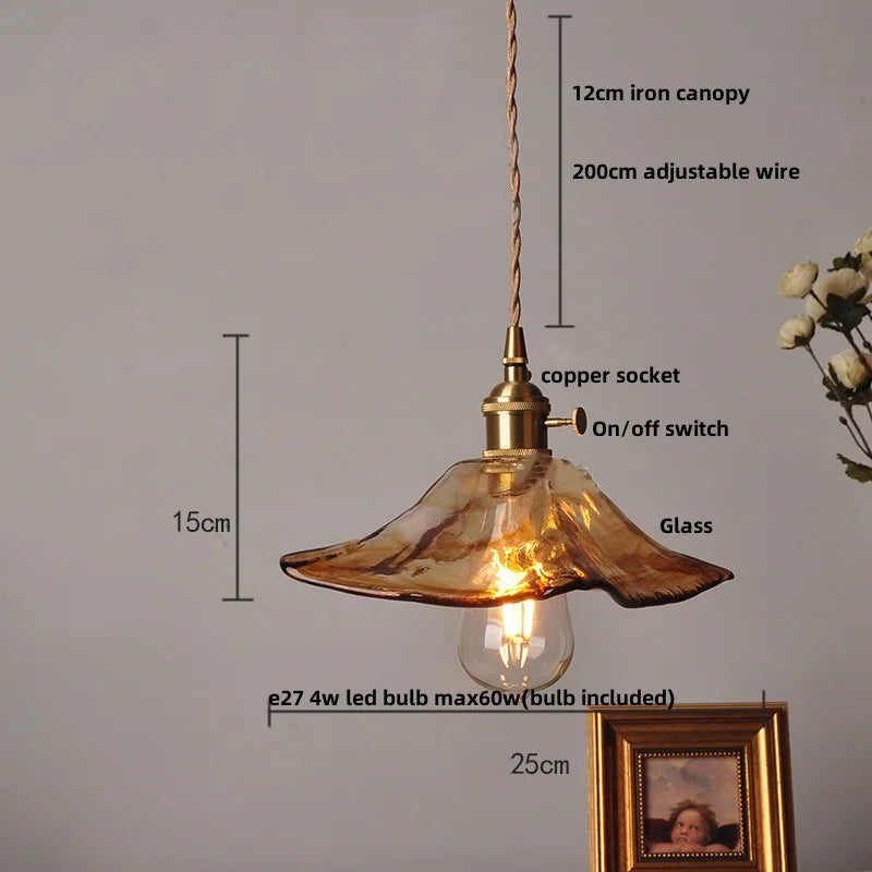 Helnys Amber Glass Pendant Lights with Brass Knob Switch and LED