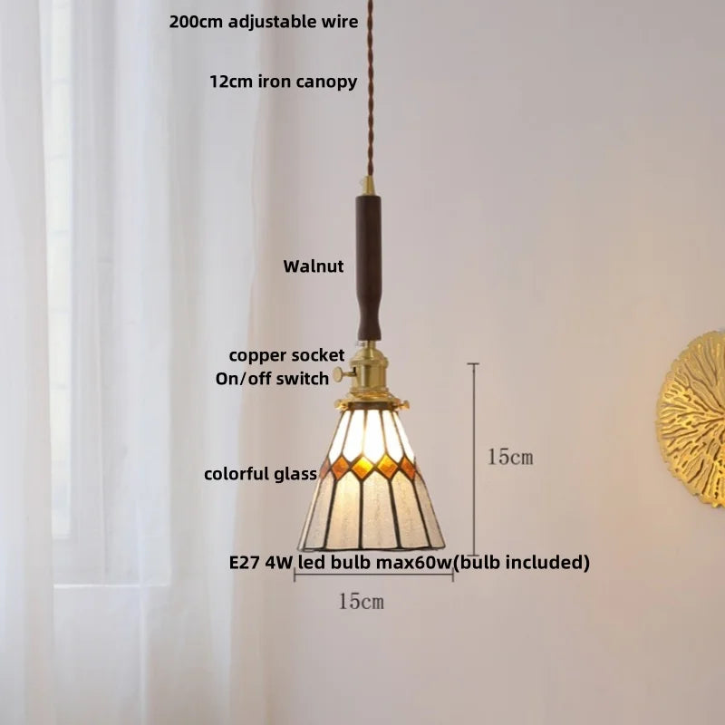 Helnys Amber Glass LED Pendant Light Fixture with Walnut Wood Bar and Adjustable Wire