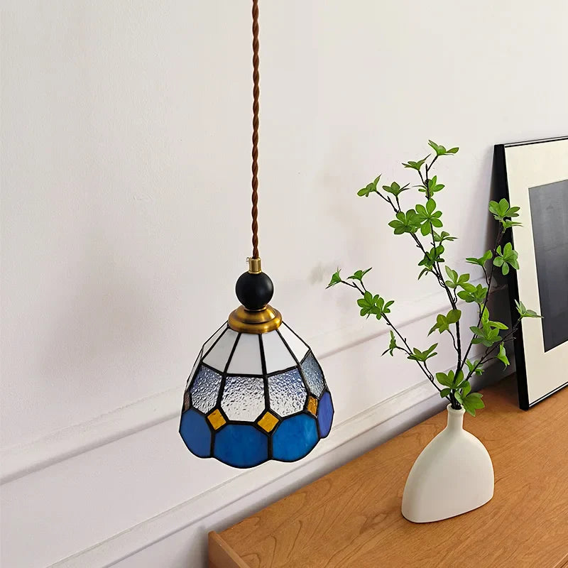 Helnys Vintage Tiffany Glass Pendant Light Fixture Wood Copper Hand Stitching LED ]).