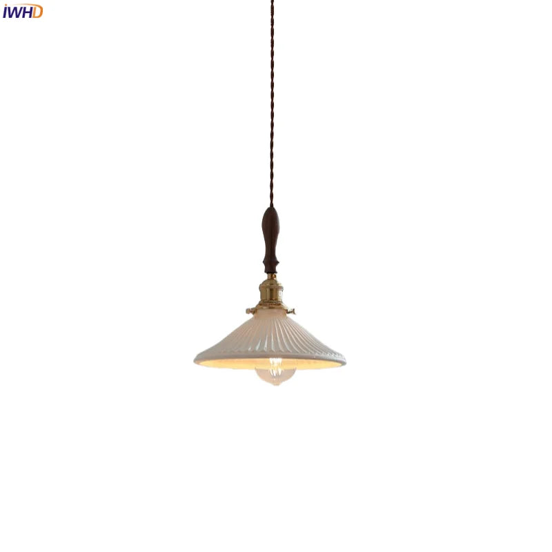 Helnys Ceramic Wood Copper LED Pendant Light Stair Bar Bedroom Cafe Hanging Lamp