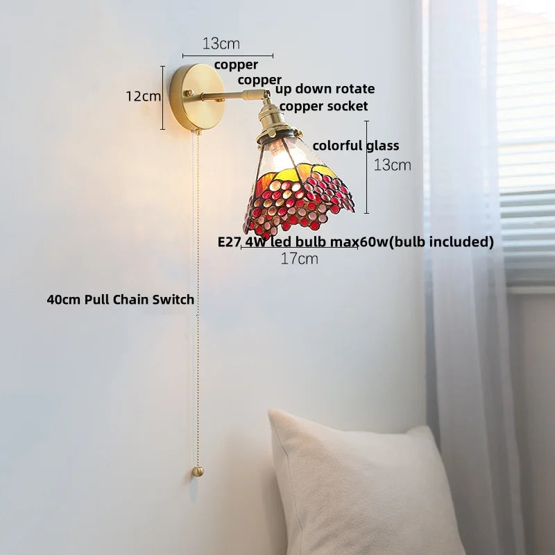 Helnys Flower Glass LED Wall Sconce Pull Chain Switch Rotatable Lamp