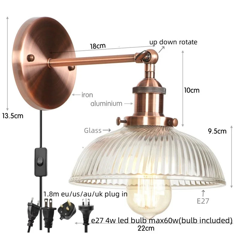 Helnys Vintage LED Wall Light with Pull Chain Switch, Rustic Industrial Bedside Lamp