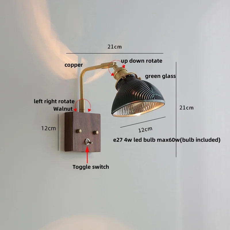 Helnys Clear Glass LED Wall Lights Kitchen Bedroom Modern Toggle Switch Bedside Lamp