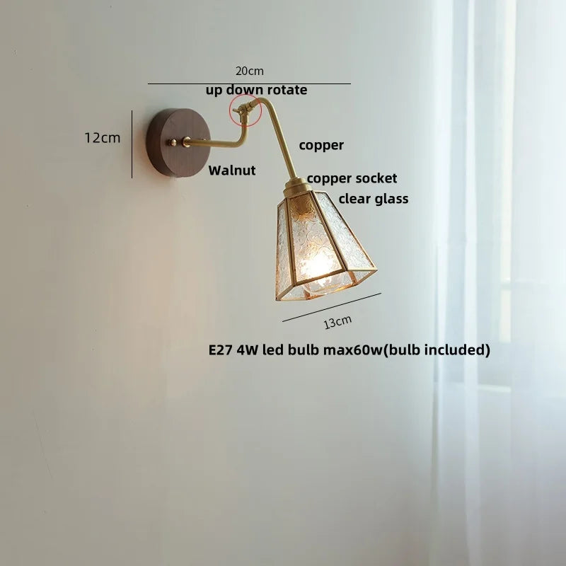 Helnys Clear Glass LED Wall Sconce with Pull Chain Switch & Rotating Walnut Wood Arm