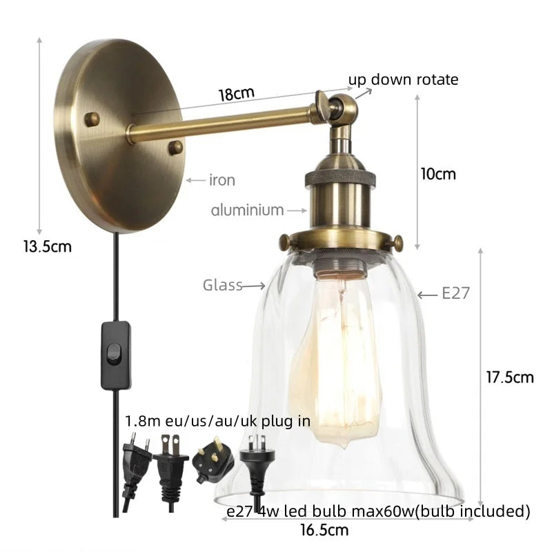 Helnys Vintage LED Glass Wall Sconce with Pull Chain Switch