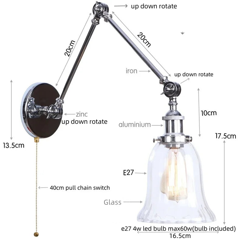 Helnys Retro Loft LED Wall Lights Pull Chain Switch Chrome Clear Glass Vintage Fixture