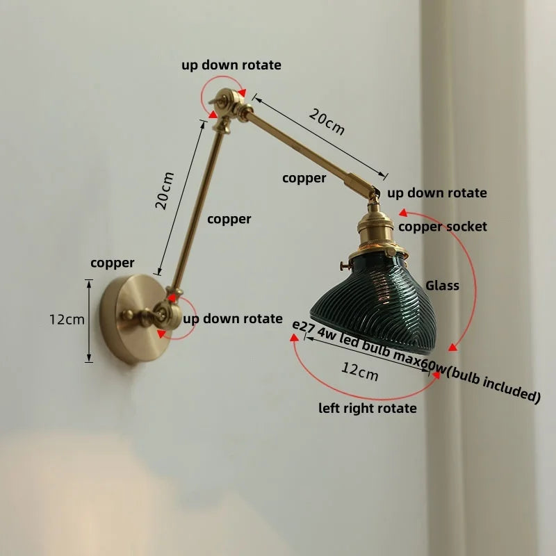 Helnys Brass Swing Arms LED Wall Light, Modern Nordic Clear Glass Bedside Lamp
