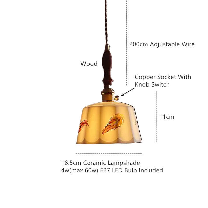 Helnys Retro White Ceramic Pendant Lamp with Wood Copper Finish