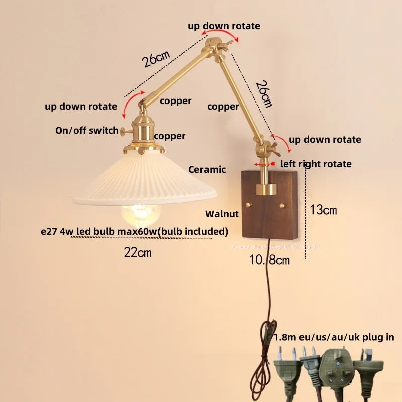 Helnys Rotatable Wood Ceramic Wall Sconce with Pull Chain Switch