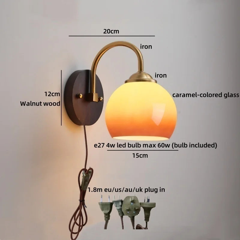 Helnys Nordic Round Glass LED Wall Lights with Wood Base