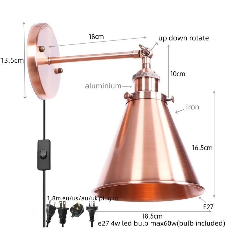 Helnys Vintage Gold Plated Iron Wall Lamp Industrial LED Loft Lighting Fixtures