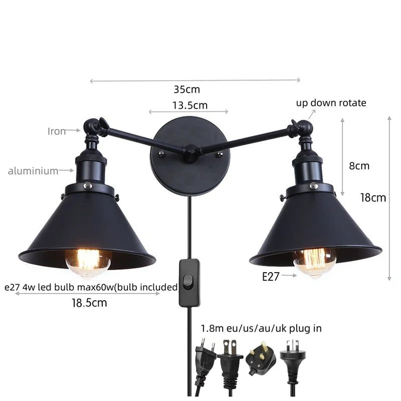 Helnys Loft Iron LED Wall Lamp 2 Heads Vintage Industrial Style Up Down Light