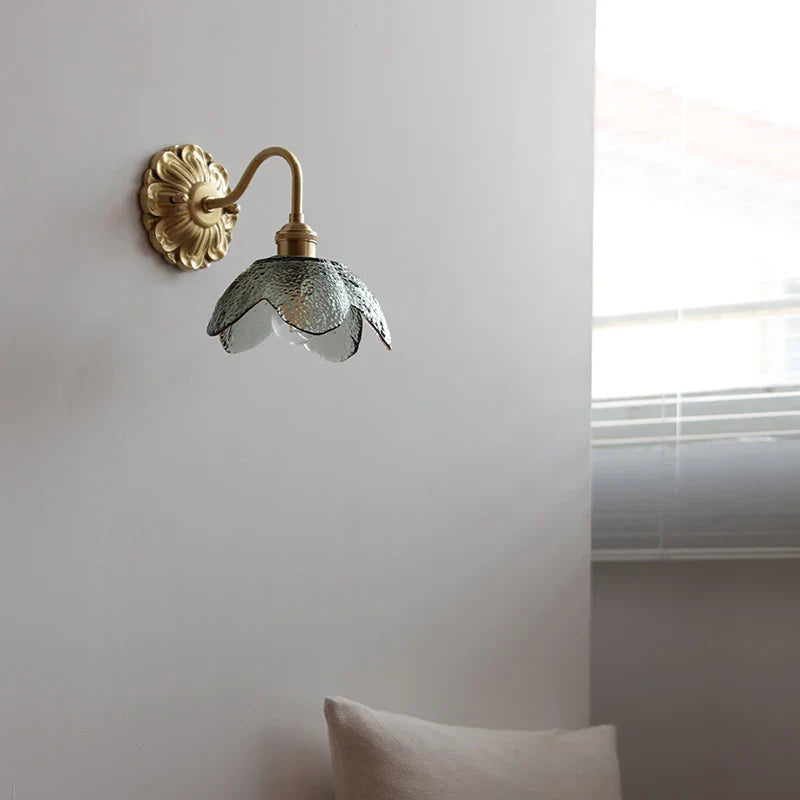 Helnys Glass Brass LED Wall Light with Clear Flower Shade