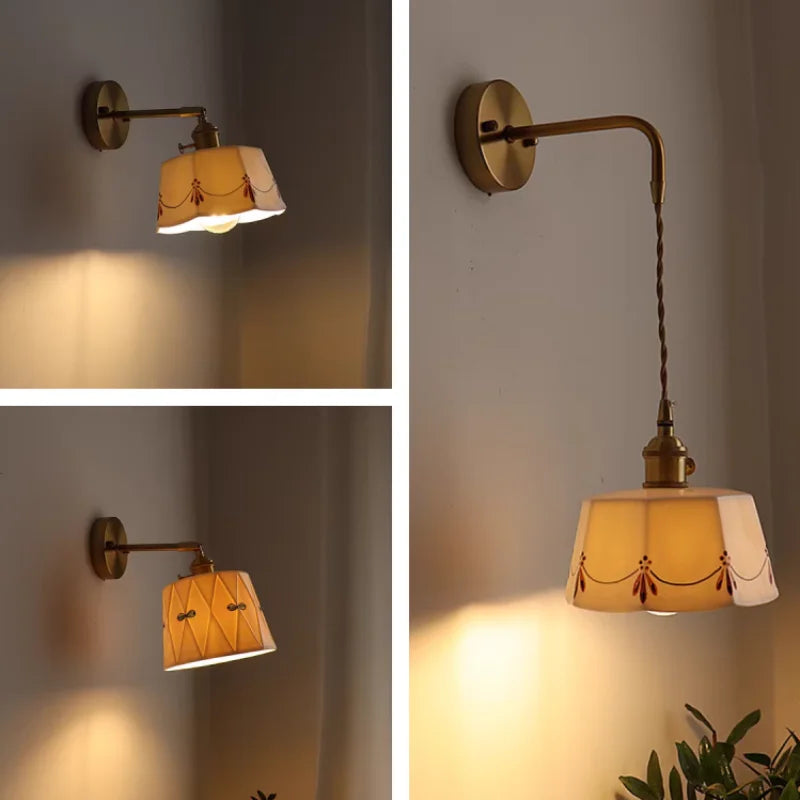 Helnys LED Ceramic Brass Wall Light Fixture Pull Chain Switch Bedside Lamp