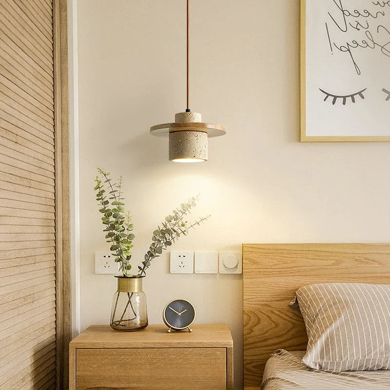 Helnys LED Pendant Lamp Wood Base Yellow Travertine Adjustable Hanging Lights