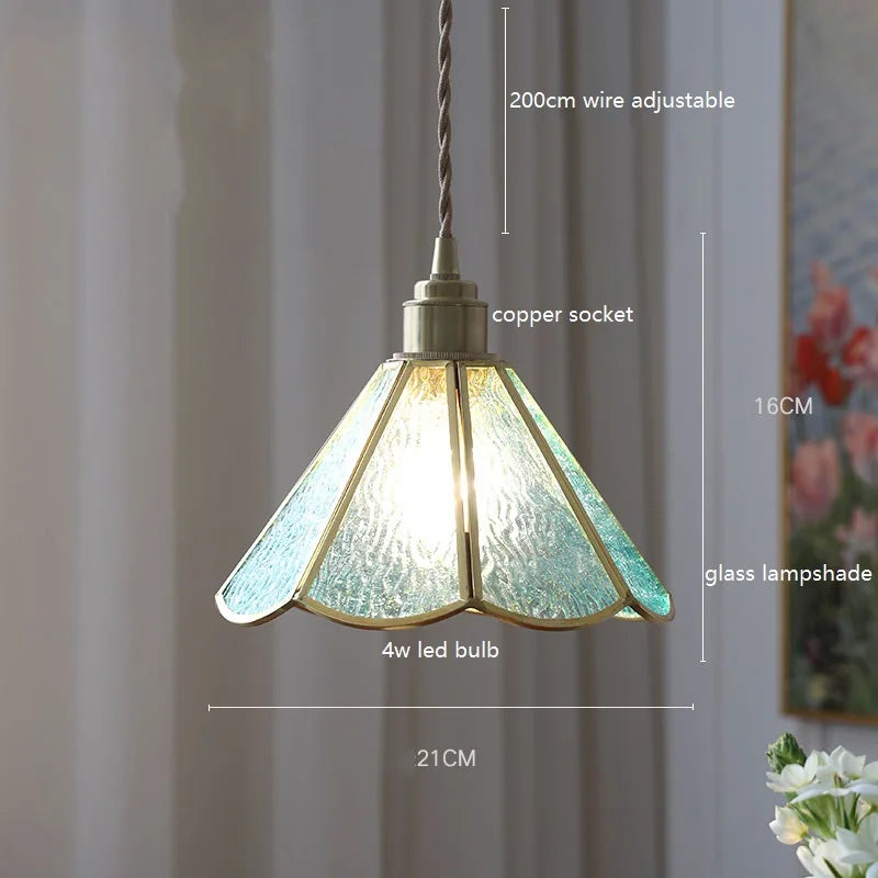 Helnys Vintage Europe Style LED Pendant Light with Wood, Copper, Glass Lampshade