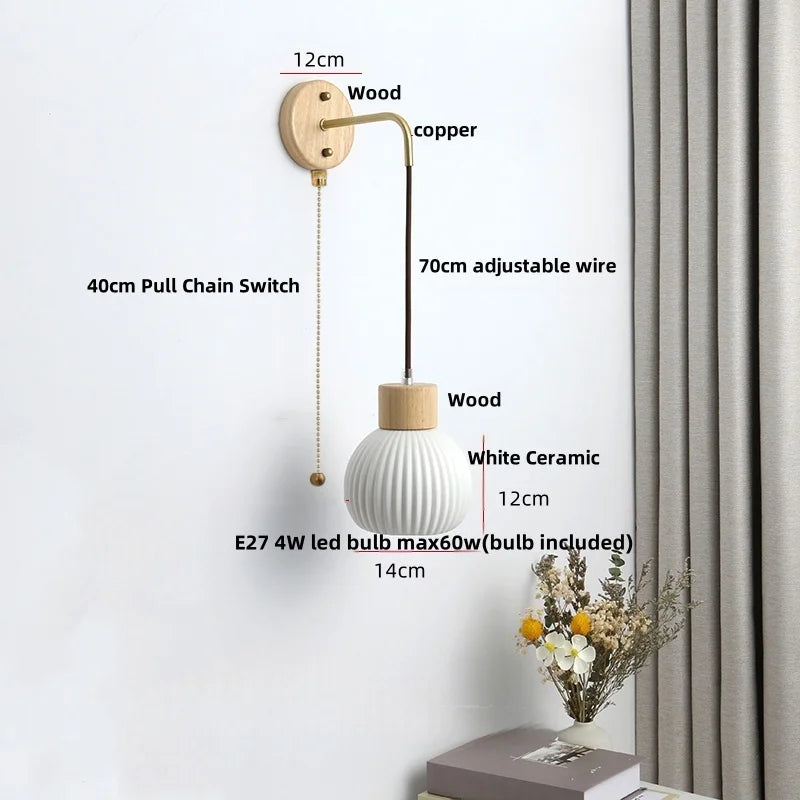 Helnys Modern White Ceramic LED Wall Lamp with Pull Chain Switch