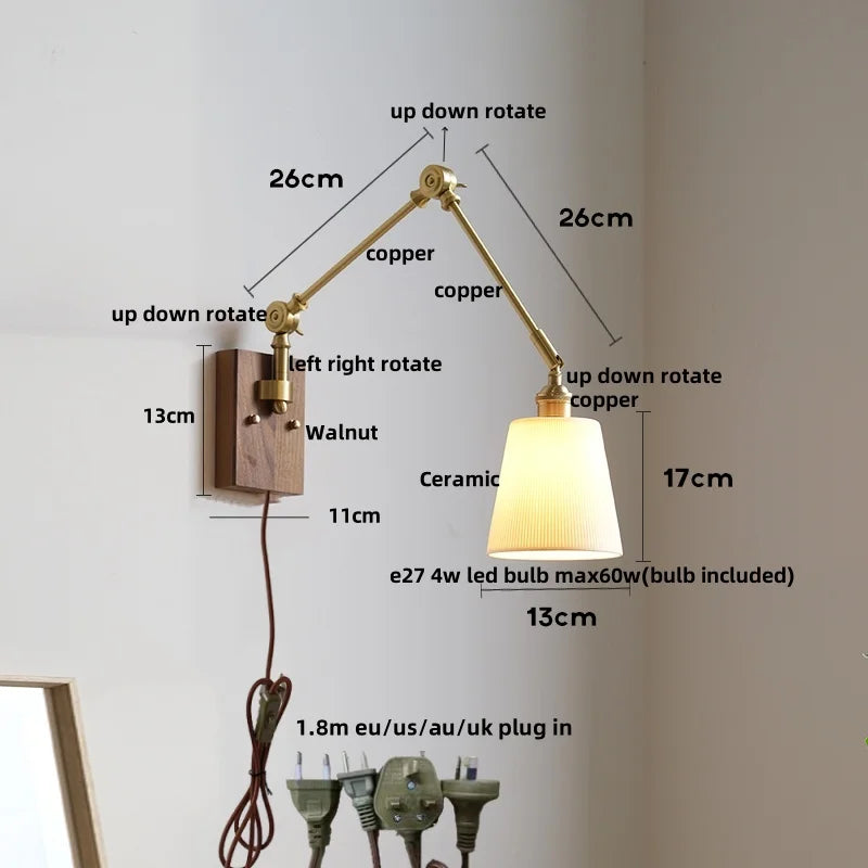 Helnys Wood LED Wall Lights Modern Ceramic Bedside Lamp Sconce