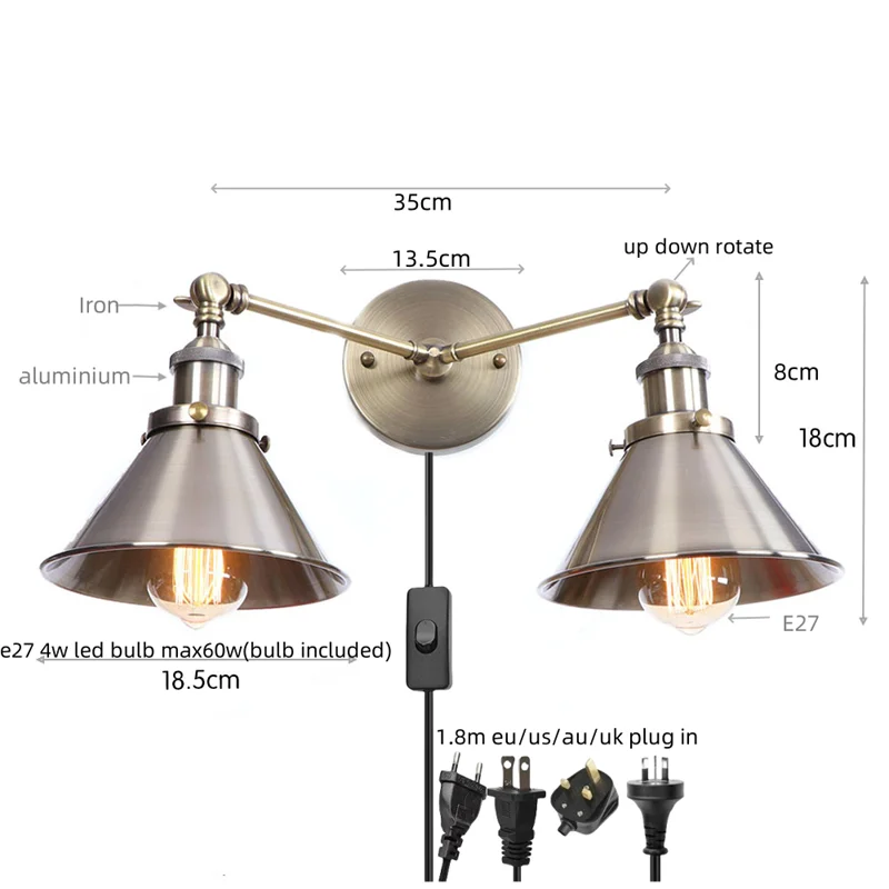 Helnys Industrial Vintage 2-Head LED Wall Light Gold Iron Loft Lamparas De Pared