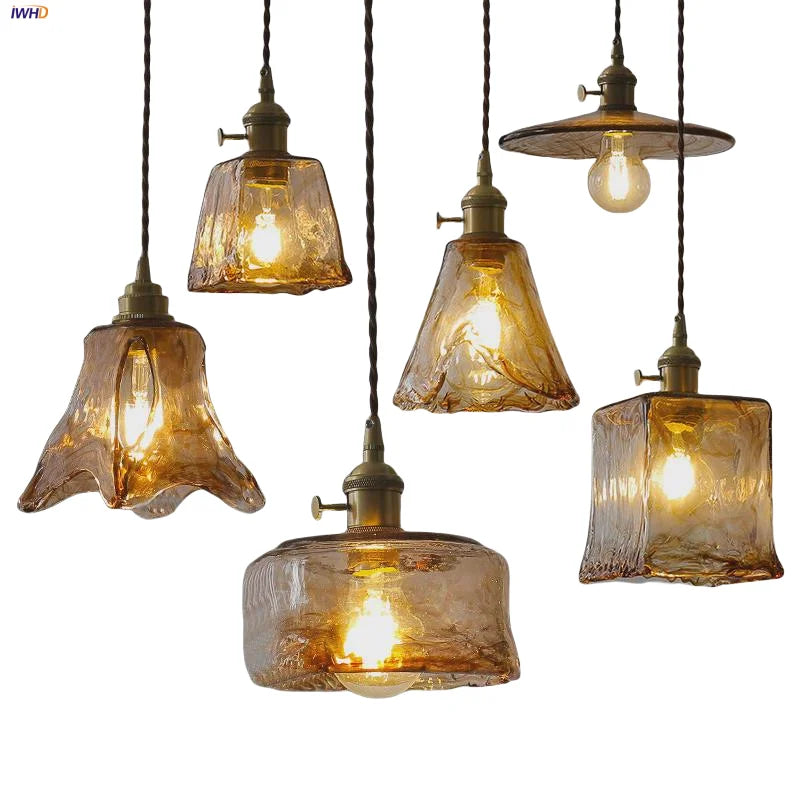 Helnys Vintage Loft Copper LED Pendant Light with Adjustable Wire and Amber Glass