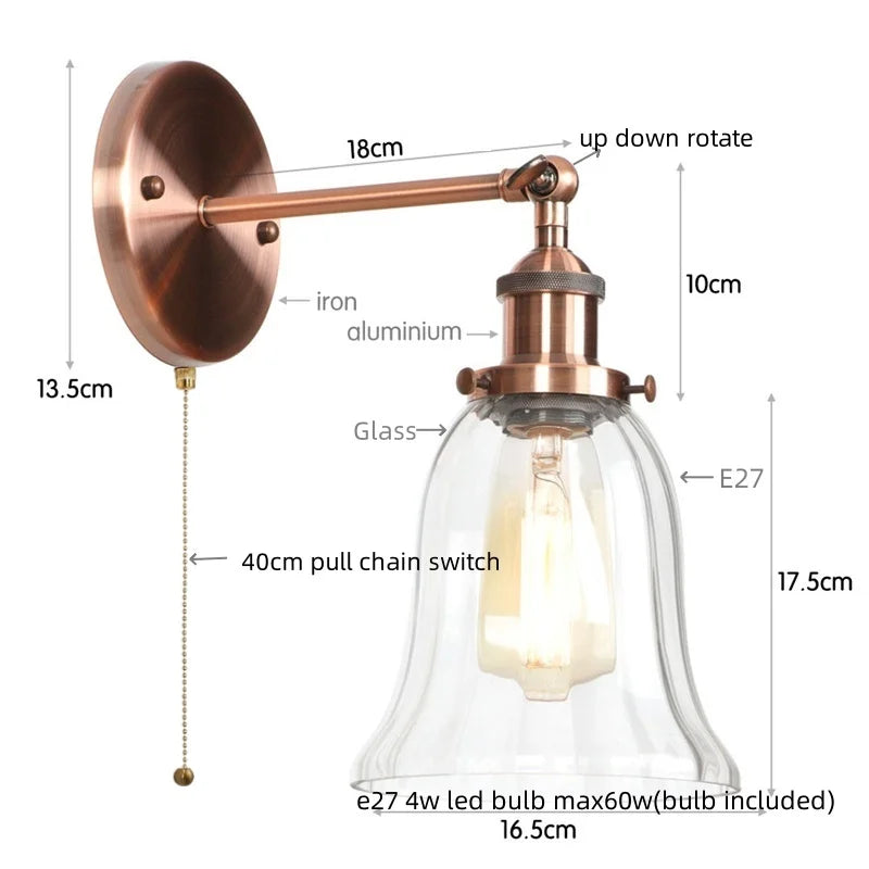 Helnys Clear Glass LED Wall Lamp Industrial Stair Light for Home Decor and Lighting