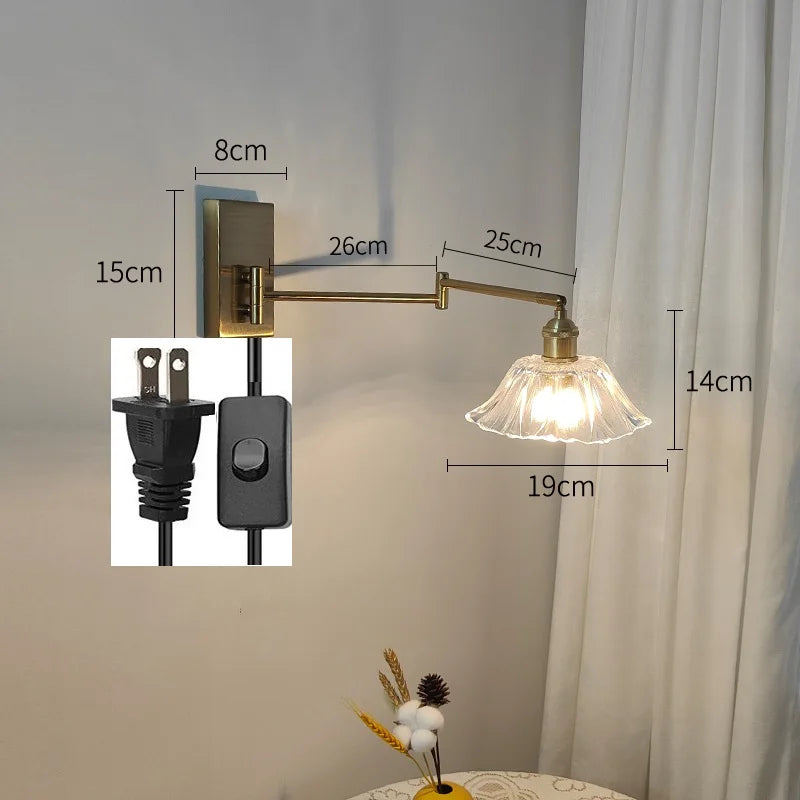 Helnys Glass LED Wall Sconce Adjustable Arm Bedroom Living Room Lamp